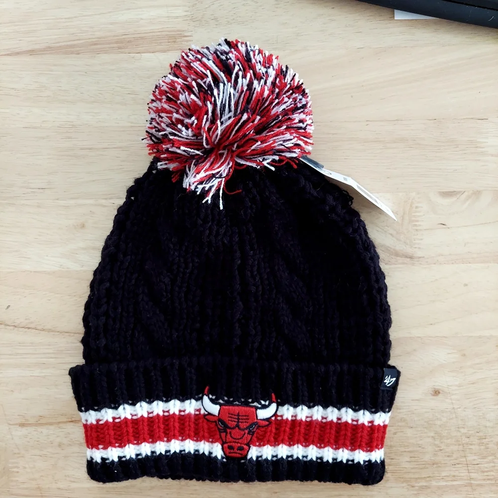 Chicago Bulls Womens Hat Cable Knit '47 Brand Cap Pom Stitched Logo NBA New